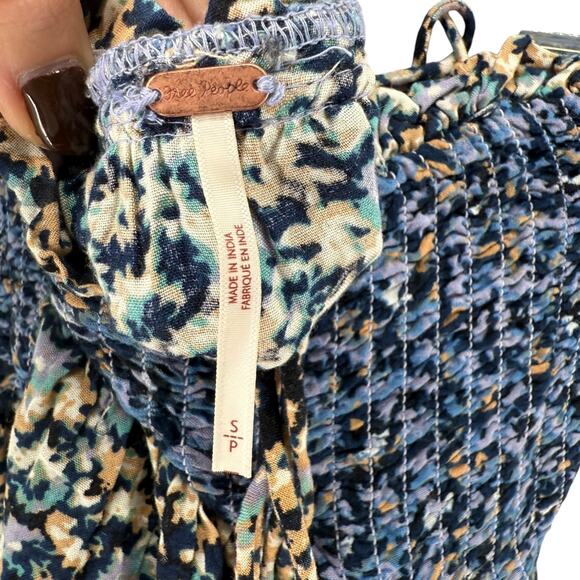 Free People One I Love Dress Denim Combo S Midi Ditsy Floral Blue Smocked Boho - Picture 9 of 10